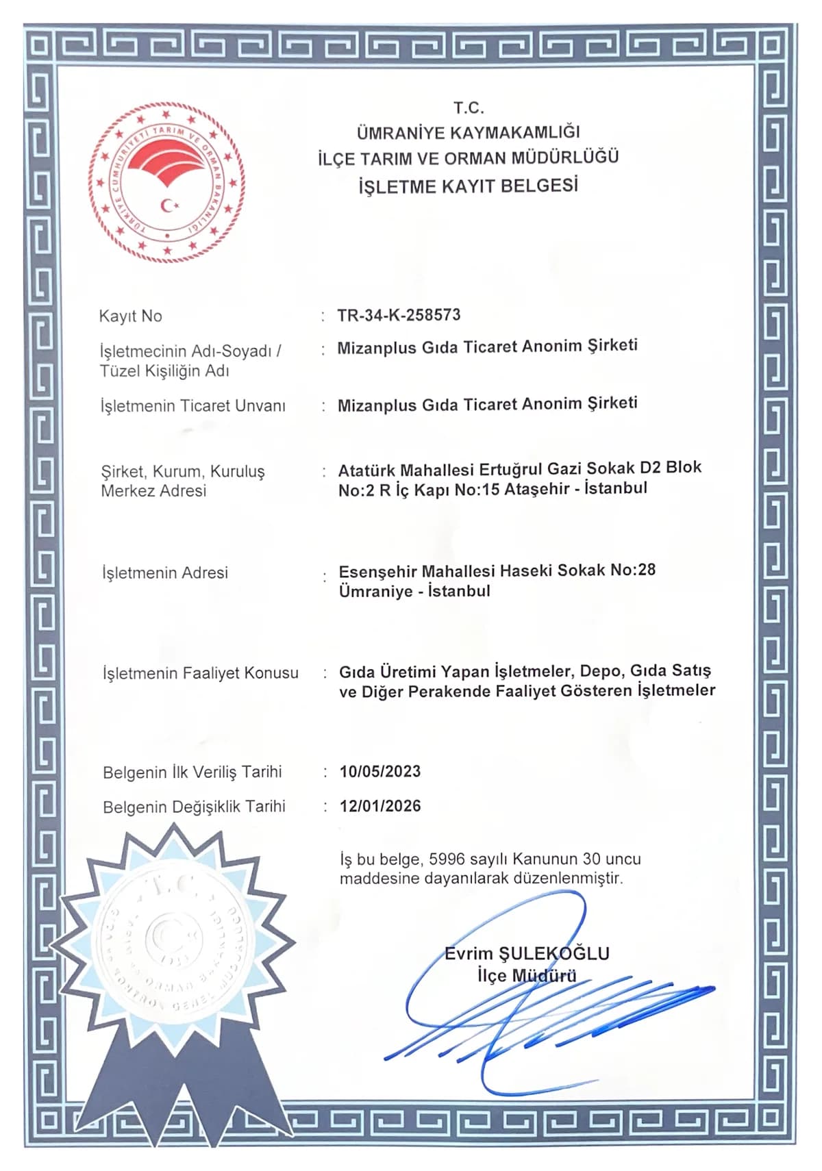 Mizanplus Gıda Food Business Registration Certificate