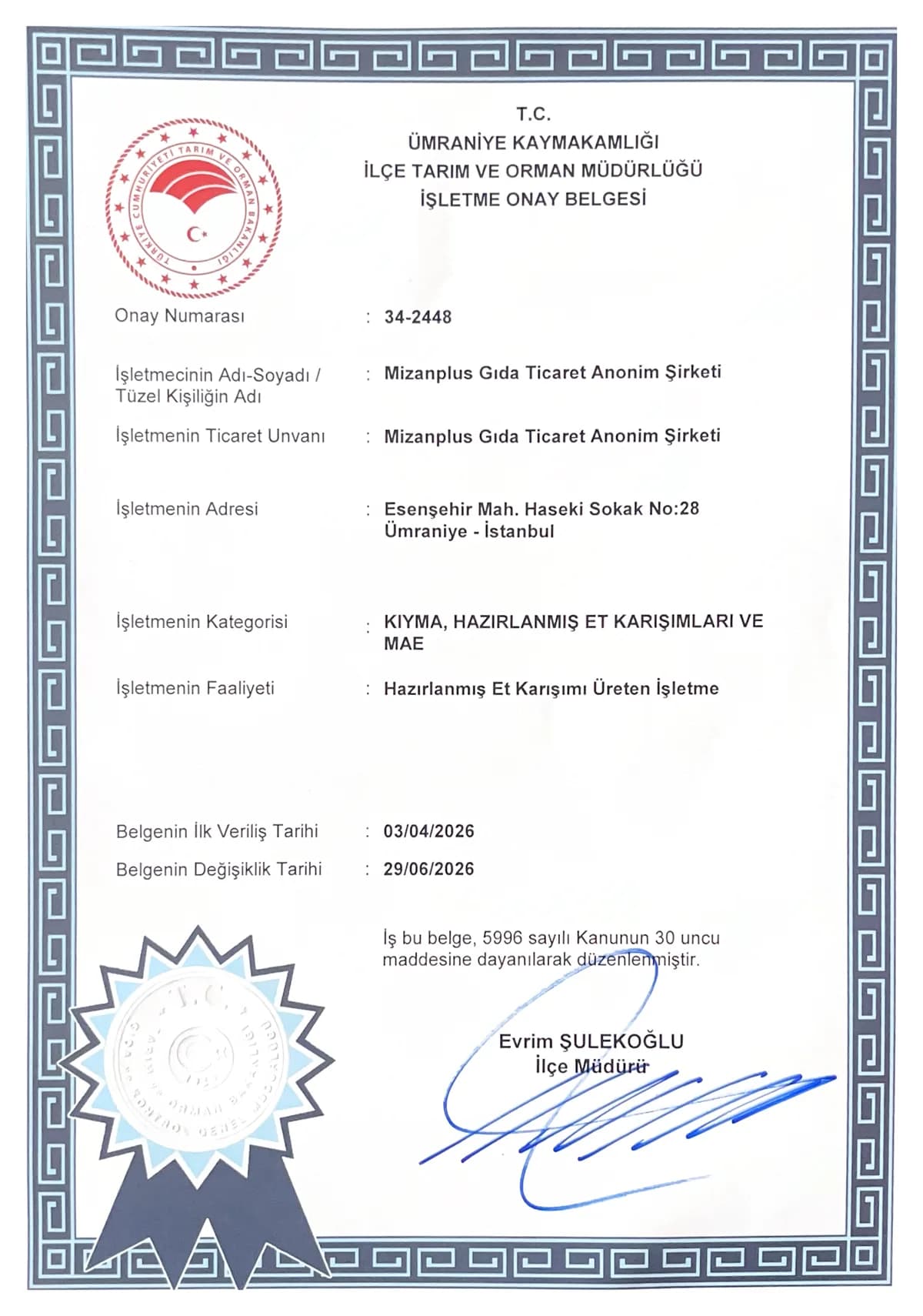 Mizanplus Gıda Food Business Approval Certificate