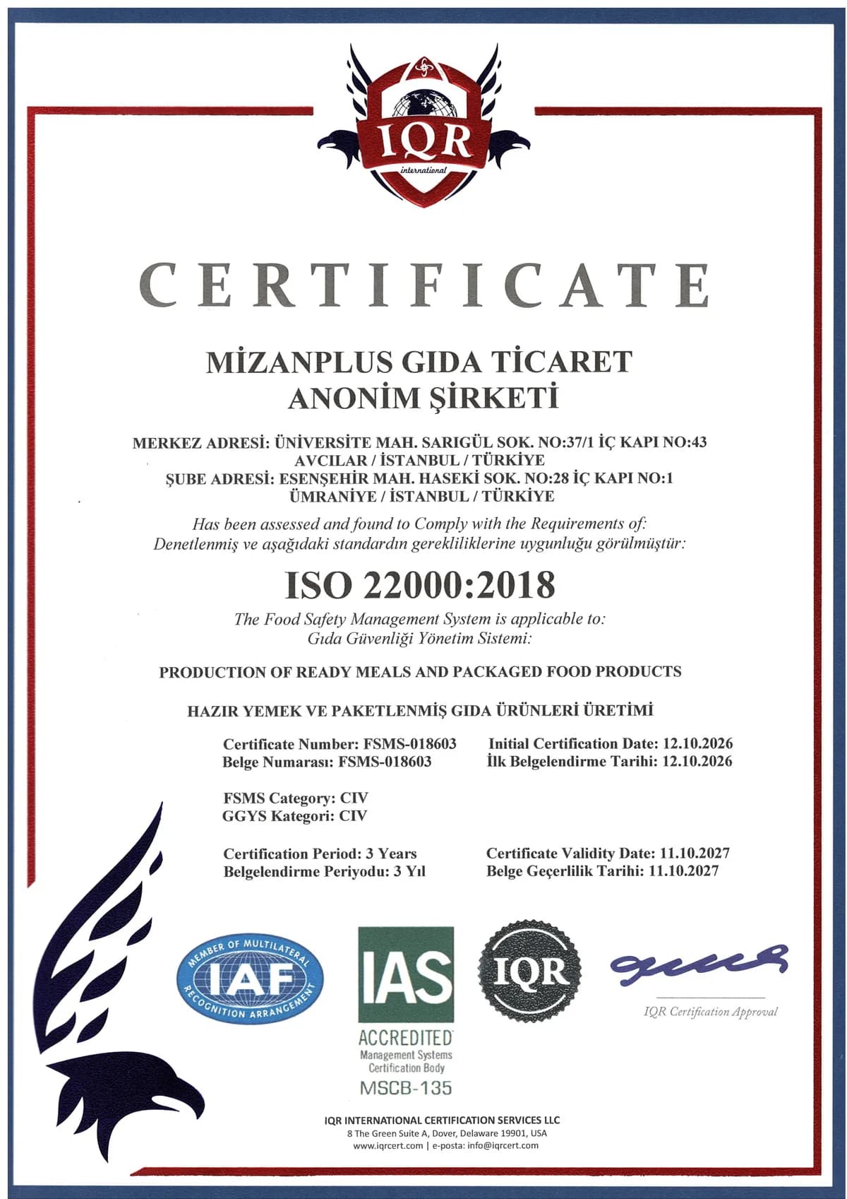 Mizanplus Gıda ISO 22000:2018 Food Safety Management System