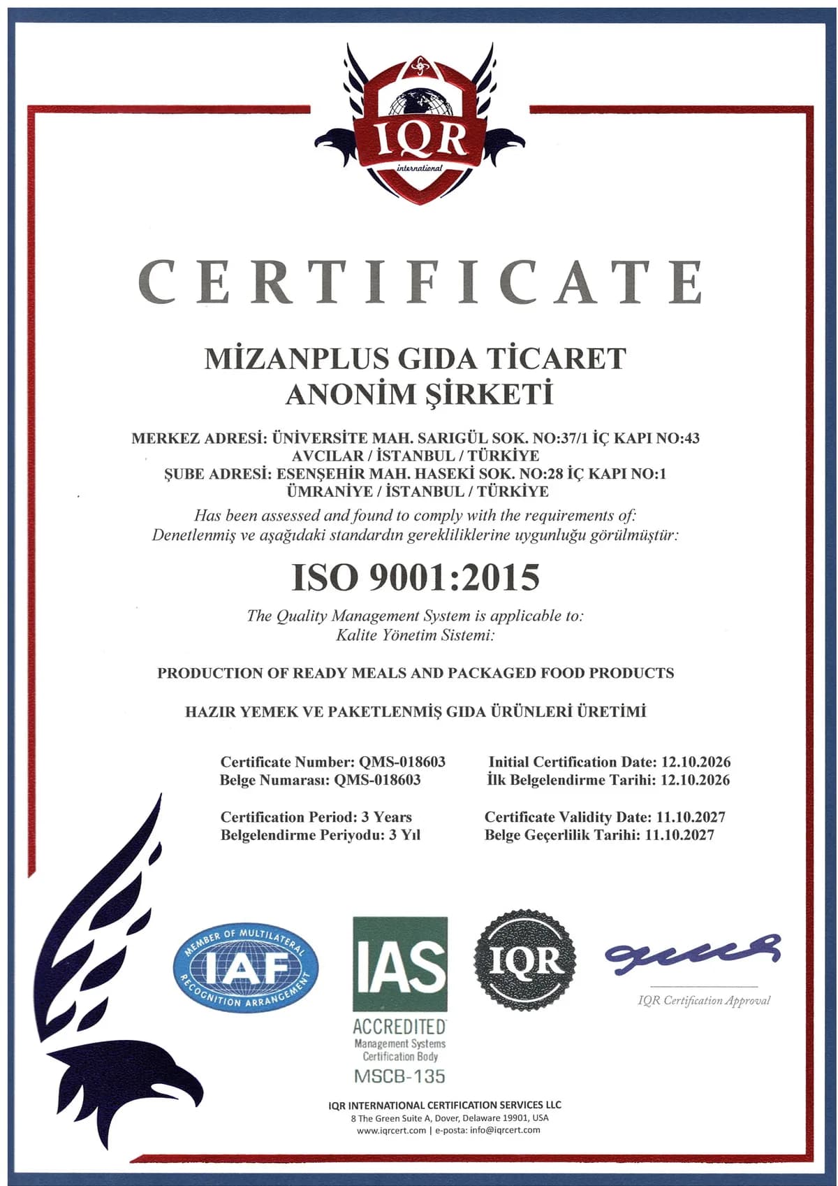 Mizanplus Gıda ISO 9001:2015 Quality Management System